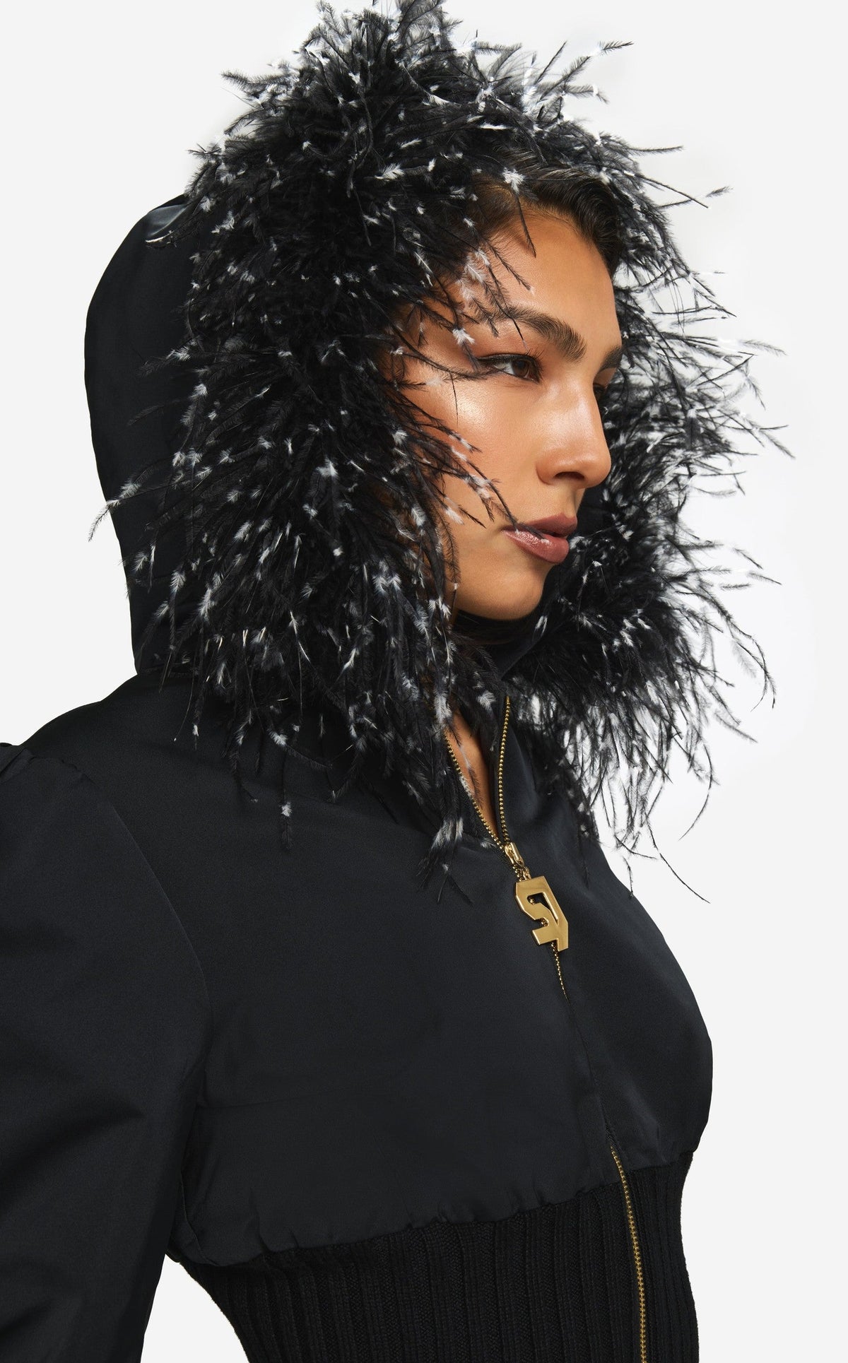 Jacket in Mixed Nylon Rib with Feathers