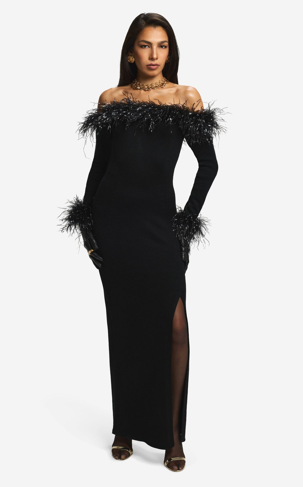 Gown in Merino Knit with Feathers