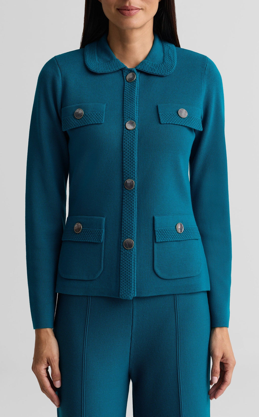 Textured Trim Four Pocket Collared Jacket