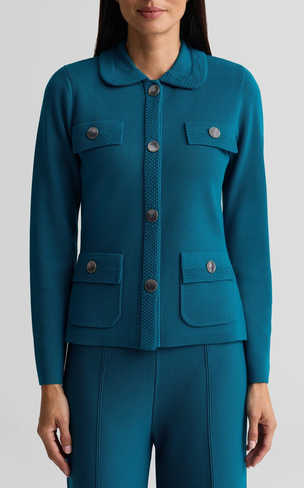 Textured Trim Four Pocket Collared Jacket